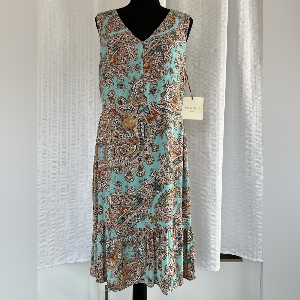 Cynthia Rowley size 10 -Boho Paisley Dress - fully lined - Teal/Beige/Pink